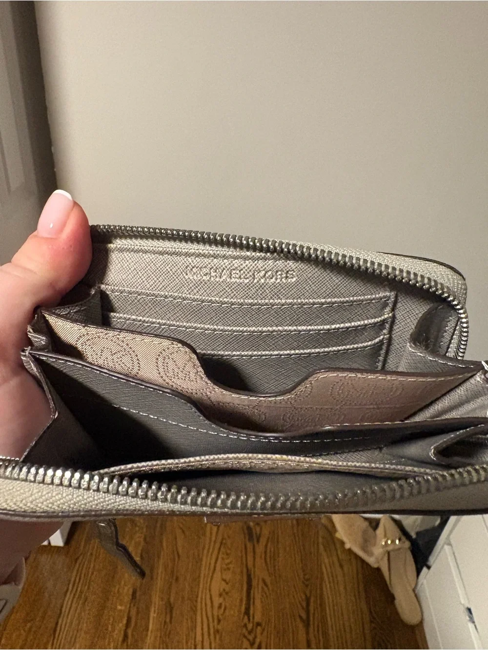 Michael Kors Metallic Grey Saffiano Leather Wristlet EUC